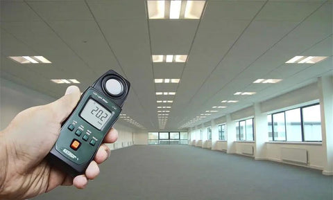 LT40 LED Light Meter With Data Hold And Auto Power Off, measuring light in an office with a backlit LCD display, pro-grade device