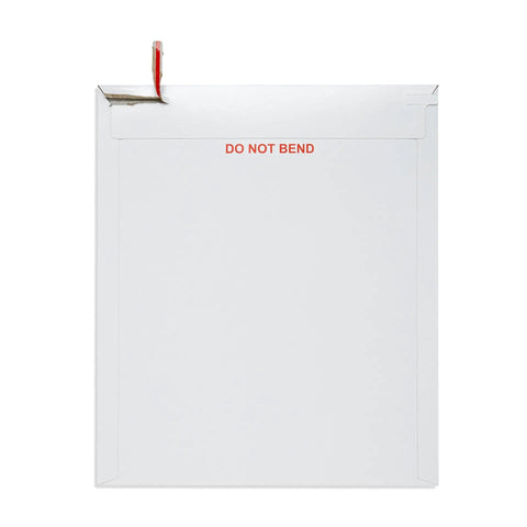 Front view of Do Not Bend 25 Pack Rigid Cardboard Mailers 12.75x15 Photo Mailers with peel-and-seal for safe shipping.