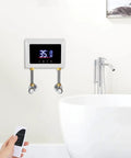 Instant Electric Water Heater 3000W On Demand Tankless Digital Temperature Control mounted on wall by bathtub with remote.