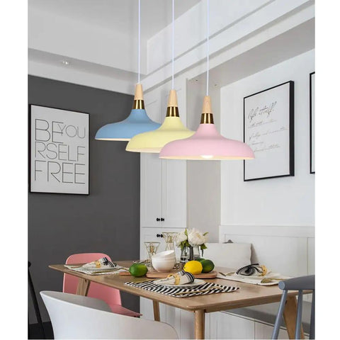 Wood Metal Colorful Pendant Light, Simple Farmhouse Lighting, Indoor Rustic Fixture, Gray Yellow hanging above dining table.