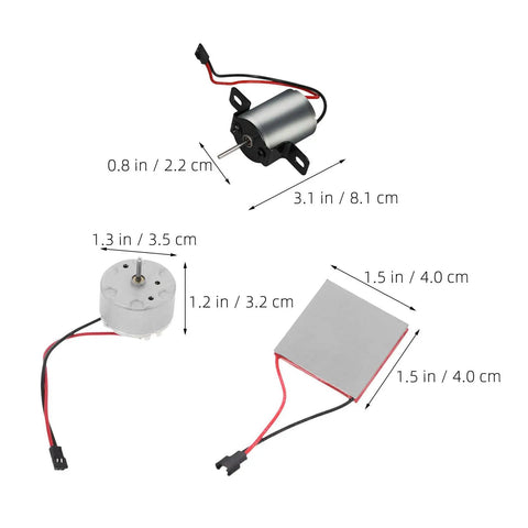 Fireplace Fan Replacement Motor Repair Kit For Wood Stove Fans Easy Install Premium Quality Spare Parts For Electric Fireplace Blower Keeping Your Stove Heating Efficiently And Quietly, shown with 3 parts and sizes