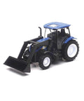 Blue Die Cast New Holland T6 Farm Tractor With Loader Toy 1/43 Scale Enclosed Cab Realistic Working Loader About 5 Inches Long