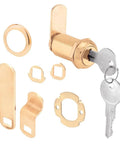 Heavy Duty Drawer And Cabinet Lock Featuring Brass Diecast Housing Built Like A Tank Secures Up To 1 Inch Panels components with keys and lock cylinder.
