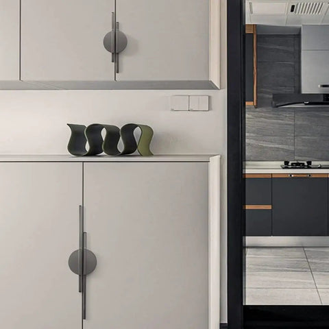 Top Tier Slick Round Cabinet Door Handle And Kitchen Drawer Pull With Heavy Duty Gold Grey Zinc Alloy For Rooms And Closets No Fuss Install Comes With Matching Hardware Pieces on grey cabinet.