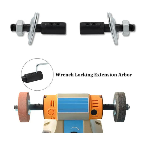 Two Pack Shaft Arbor Extender Kit For Bench Grinders with steel spindle adapters, washers, nuts on bench grinder attachment.