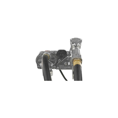 M-150 Series No Nonsense 12V Fuel Transfer Pump Kit With Manual Shutoff Unleaded Nozzle, 15 GPM, Includes Hose With Static Wire, Telescoping Suction Pipe, Tank Adapter, Fuse Assembly And Power Cord, close-up