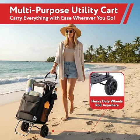Woman using Bigger Trolley Dolly Foldable Black Shopping Cart For Grocery And Light Haul on beach, features heavy-duty wheels