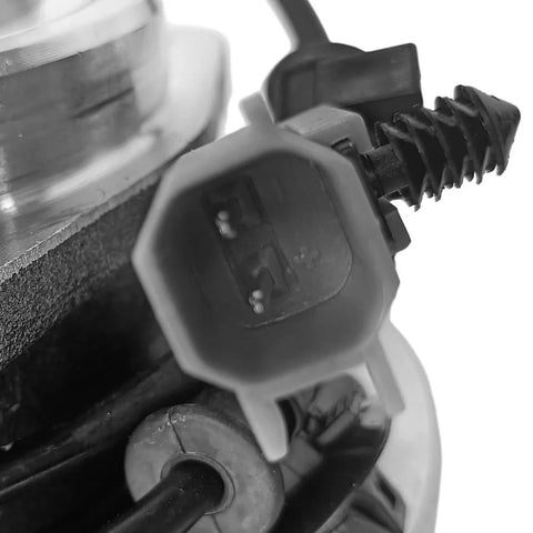 Close-up of connector on pair of front wheel hub bearing assemblies for 2006-2010 Jeep Commander Grand Cherokee premium replacement.