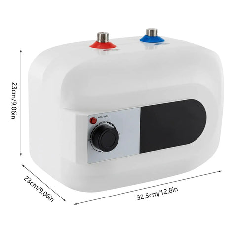 Slick Electric Mini-Tank Water Heater with Totally Sick Instant Hot Water on Tap for a Badass Under Sink Flex in Any Kitchen or Bathroom Setup Featuring 1.5 KW Power and 1.6 Gallon Capacity for Total Space Saving Convenience, compact design, dimensions 23cm x 32.5cm.