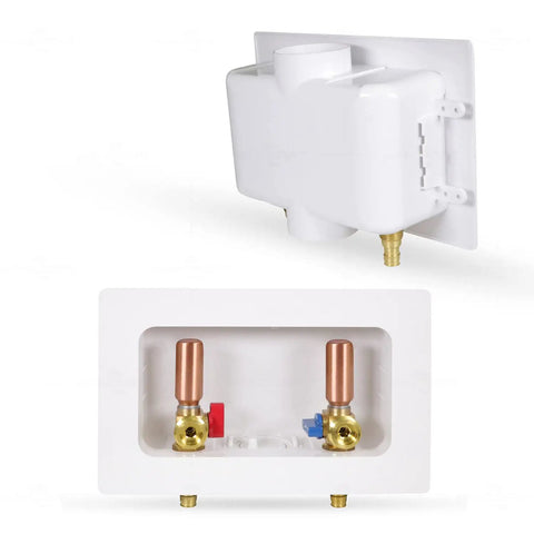 Heavy Duty ABS One Piece Washer Box With Brass Water Hammer Arrestor, Center Drain, And Half Inch PEX Expansion Connection, Raised Drip Guard
