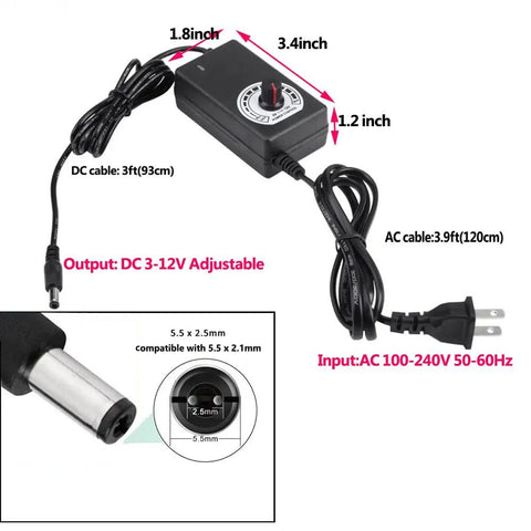 36W 12V PC Fan Power Supply With PWM Speed Controller, cables, and specifications for AC input 100-240V and adjustable DC output.
