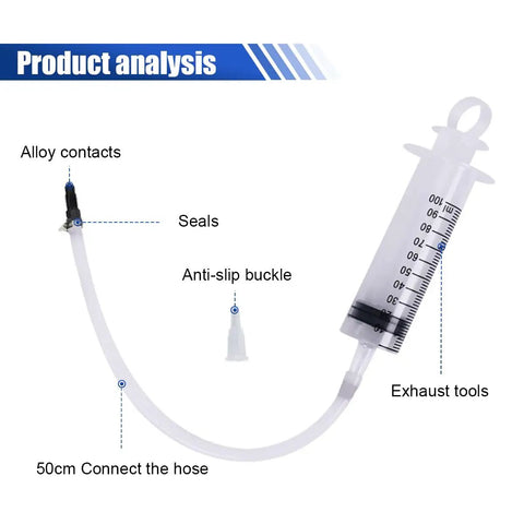 Universal Brake Bleeder Kit With 100Ml Syringe And 50Cm Hose for hydraulic disc clutch fluid drain with anti-slip buckle.