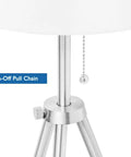 Close-up of Sturdy Tripod Floor Lamp With Adjustable Height And 100 Percent Metal Body, Linen Drum Shade showing on-off pull chain