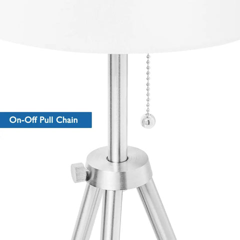 Close-up of Sturdy Tripod Floor Lamp With Adjustable Height And 100 Percent Metal Body, Linen Drum Shade showing on-off pull chain