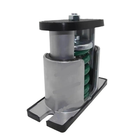 Heavy Duty Adjustable Spring Shock Absorber Mount For Outdoor AC Units And Industrial Gear With 50 KG Capacity side view showing metal construction and green dampeners.
