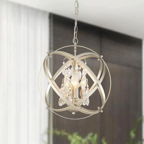 Four Lights Crystal Cage Chandelier With Modern Globe Metal Pendant Lighting in champagne gold, hanging in indoor setting.