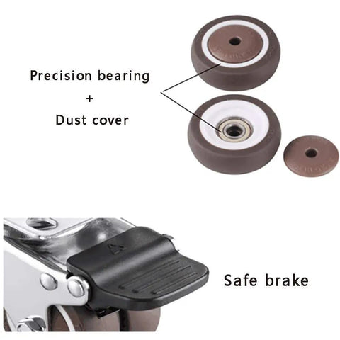 Heavy Duty Caster Wheels For Furniture And Equipment, 1.5 Inch Silent Rubber Swivel Casters With Brake, M12 Thread Mount, Roll Like Butter No Sweat Install Orange Set Of 4 Solid Rig showing precision bearing, dust cover, and safe brake feature.