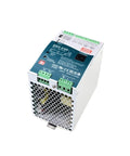 Beefy DRS 240W 12V 15.4A Switching Power Supply With AC DC DIN Rail UPS Modbus Enabled Battery Charging And Status Monitoring High Efficiency Up To 92 Percent TS 35 Mounting Form C Relay LED Fault Detection top view of DIN rail power supply with terminal blocks and vented metal housing