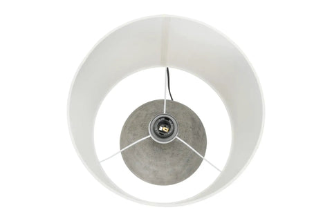 Top view of Round Terracotta Table Lamp With Canvas Shade In Distressed Grey Finish, Modern Boho Desk Companion, bulb socket visible