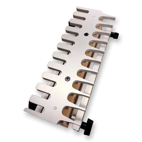 Top Shelf Dovetail Jig Kit For Woodworking Pros Featuring Preassembled Plates Router Bits And Locking Clamps Hella Tough Construction close-up of anodized aluminum plate with adjustable clamps.