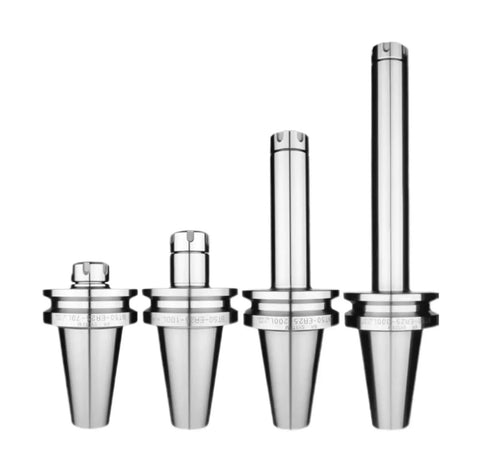 Set of four steel BT50 collet tool holders for CNC machining, showcasing various lengths and finishes.