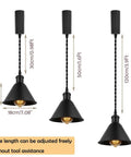 Dope Set Of Three Industrial Black Metal Pendant Lights With Adjustable H Type Track, Twisted 3.9 Ft Cords, E26 Base