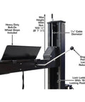 Commercial Grade Four Post Vehicle Lift Paired With Rj6 Rolling Bridge Jacks Combo showing cable diameter and single point lock release.