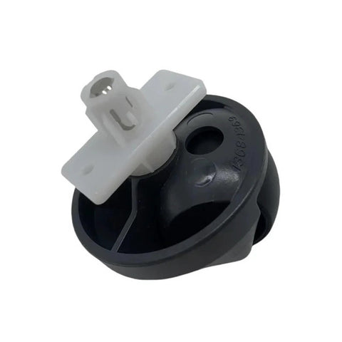 Close-up of black front omnidirectional wheel caster with white mounting hub for Roborock-compatible robot vacuums