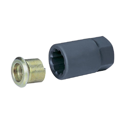 1-1/8 inch inner cap nut remover kit, close-up view; brass threaded insert and gray plastic driver