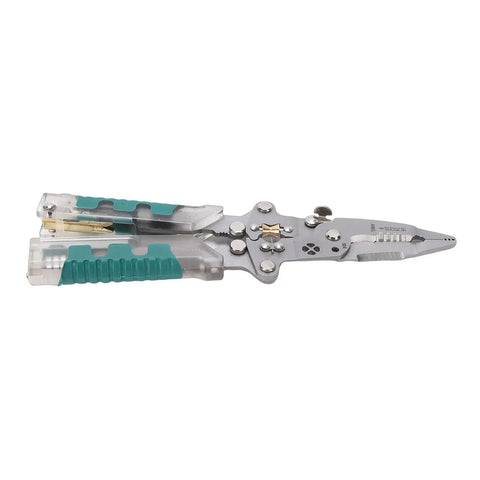 Aramox 10-In-1 Folding Wire Stripper Pliers Made Of Crv Steel For Awg 4 To 20 With Voltage Tester And Crimping Tool shown open.