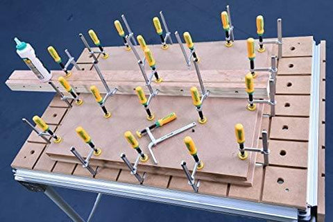 Matchfit Dovetail Clamps Set With Soft Grip Handles Two Piece Two Pack For Precise Routing Fences on a workbench.