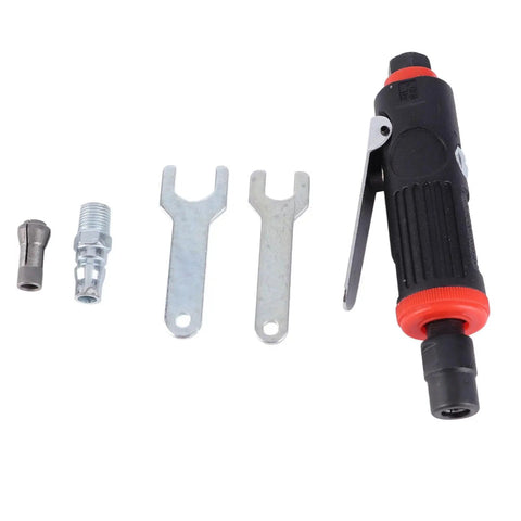 Badass 25000 RPM Pneumatic Die Grinder Kit With Dual Three And Six Mm Collets showing die grinder, collets, and wrenches laid out.