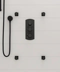 HomeStock Modern Thermostatic Shower System with Separate Temperature & Pressure Controls, Matte Black Finish, close-up view of controls and shower head.