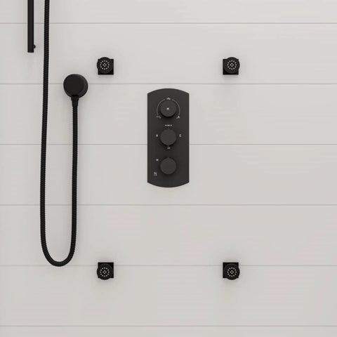 HomeStock Modern Thermostatic Shower System with Separate Temperature & Pressure Controls, Matte Black Finish, close-up view of controls and shower head.
