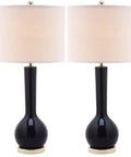 Long Neck Navy Ceramic Table Lamps Set Of 2, Modern Contemporary 31 Inch With White Cotton Shade, LED Bulbs Included