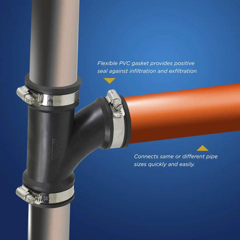 No Sweat Flex Tee Coupling With Heavy Stainless Steel Bands Fits One Point Five Inch Pipe For Dwv And Sewer Lines shown with PVC gasket seal.