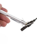 Heavy Duty Tungsten Carbide Scriber Engraving Pen For Marking Steel Metal Wood With Reversible Index Chuck Knockout Shop Tool Hella Tough For Mechanics And DIY Crafters Projects Silver Medium Gauge held in hand with reversible chuck.