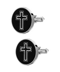 Cross Cufflinks For Men Titanium Steel Decor Fasteners Black Shirt Buttons 1 Pair, sleek design with etched cross.