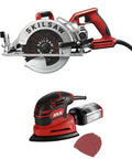 Lightweight 15 Amp Worm Drive Circular Saw paired with Corded Detail Sander for heavy woodworking tasks.
