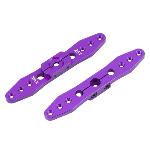 Two Pack 25T Double Servo Horn Steering Arm 70mm Long For 1/8 And 1/10 RC Cars, Aluminum, M3 6 Holes, purple