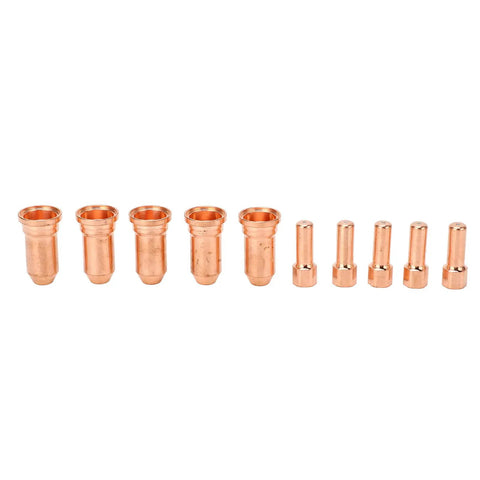 Upgrade Your PT100 Series Plasma Cutter With This Awesome 10 Piece Nozzle Electrode Kit Made From Premium Copper For High Temp Cutting Jobs, showing 5 nozzles and 5 electrodes.