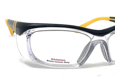 Prescription Compatible Safety Glasses With Bold Black And Yellow Frames, showcasing demo lenses and tough design for construction.