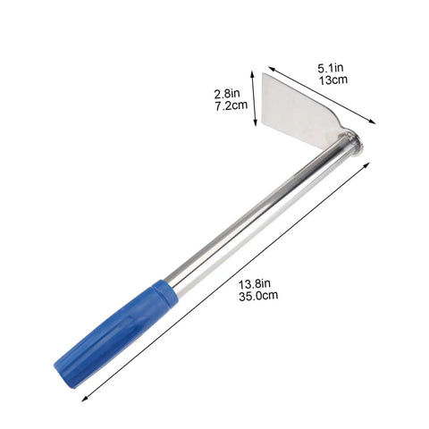 Stainless Steel Gardening Hoe With Anti Skid Rubber Grip Lightweight Yet Sturdy Hand Tool showing steel blade and measurements