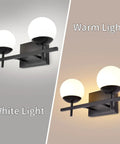 Two Light Black Vanity Light Fixtures With White Frosted Glass Globes Modern Mid Century Wall Sconces for warm and white tones