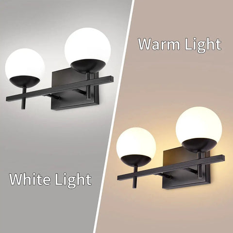 Two Light Black Vanity Light Fixtures With White Frosted Glass Globes Modern Mid Century Wall Sconces for warm and white tones