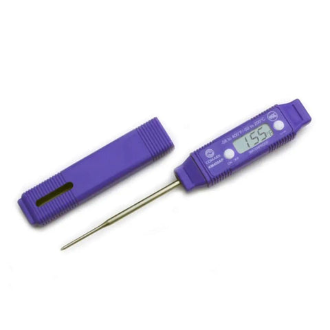 KM400AP Allergen Digital Pocket Thermometer with purple color coding and probe, temperature reading displayed, NSF certified, kitchen use