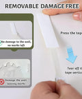 Instructional image showing Heavy Duty Picture Hanging Strips No Drill Hassle Damage Free Wall Mounts application with removable tape.
