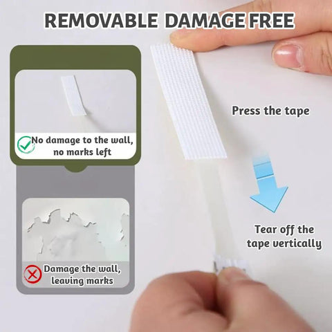 Instructional image showing Heavy Duty Picture Hanging Strips No Drill Hassle Damage Free Wall Mounts application with removable tape.