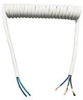 Bulletproof Retractable Coiled Cord With Pure Copper Core Conductors For Flatout Power Delivery Smooth Thirty Foot Extension and Heavy Duty White Shell visible, showing coiled design and exposed wires.