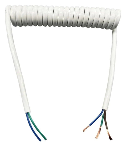 Bulletproof Retractable Coiled Cord With Pure Copper Core Conductors For Flatout Power Delivery Smooth Thirty Foot Extension and Heavy Duty White Shell visible, showing coiled design and exposed wires.